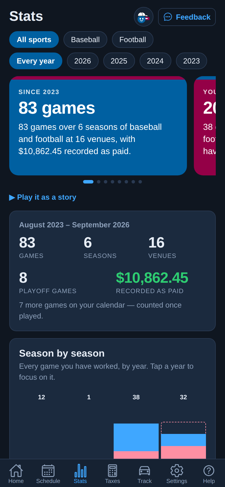 RefTraq&rsquo;s Stats screen on a phone: every game since the first season recorded, the seasons, venues and playoff games, and a chart of games season by season.