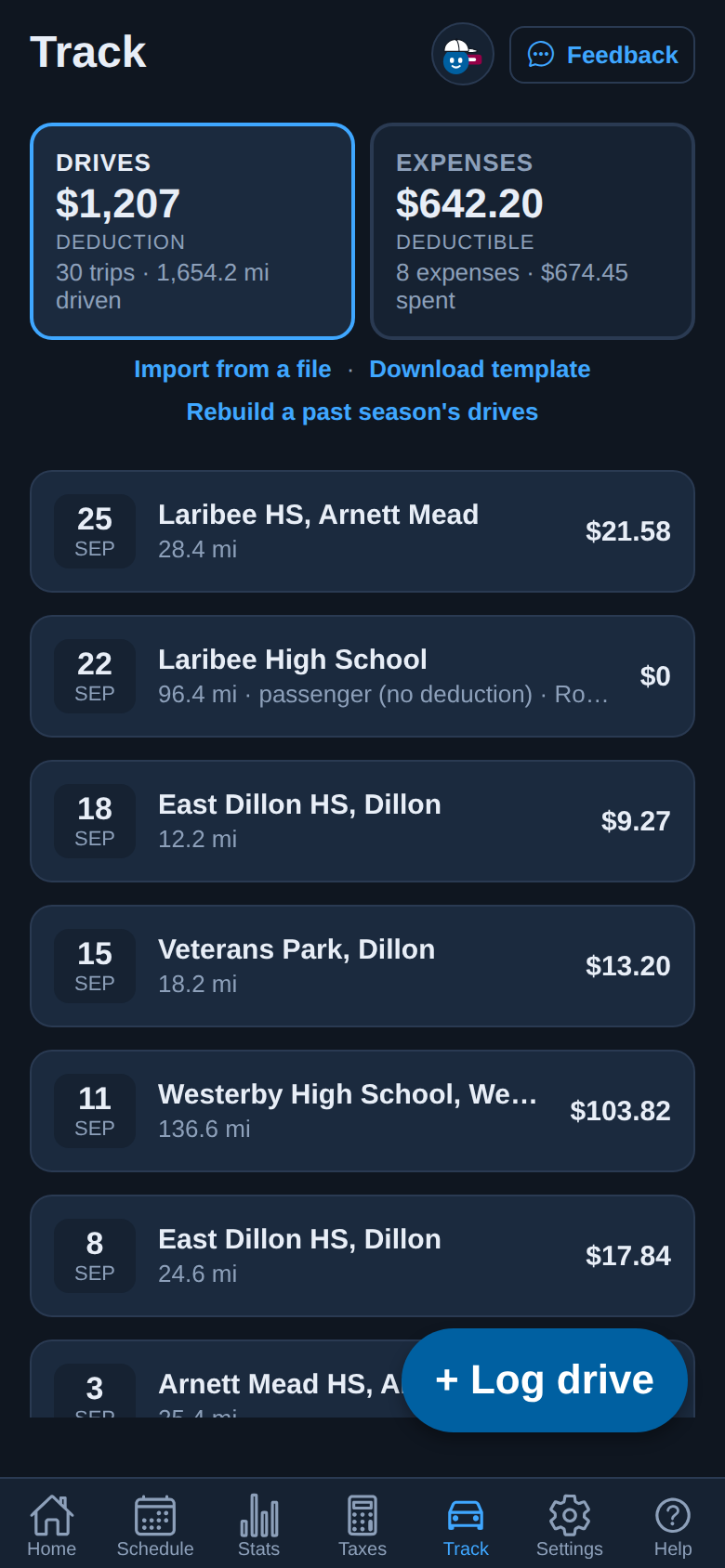 RefTraq&rsquo;s Track screen on a phone: the drives deduction and the expenses side by side, then each drive with its date, place, miles and deduction.
